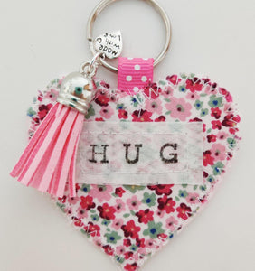 Handmade Pocket Hug heart fabric keyring with tassel - Pink Disty Print - bag charm - keychain - missing you gift - stay safe gift - BoutiqueCrafts