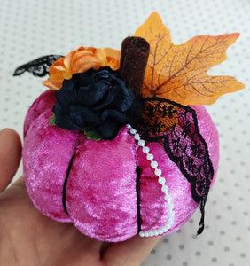 Fabric and Floral Pumpkin Decoration - Pink Velour