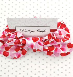 Valentines Cotton Hair Bow Scrunchie - Pink and Red Heart Print - BoutiqueCrafts