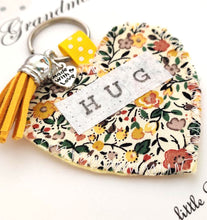 Load image into Gallery viewer, Handmade Pocket Hug heart fabric keyring with tassel - Yellow Ditsy Print - bag charm - keychain - missing you gift - stay safe gift
