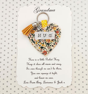 Handmade Pocket Hug heart fabric keyring with tassel - Aqua Floral Print - bag charm - keychain - missing you gift - stay safe gift