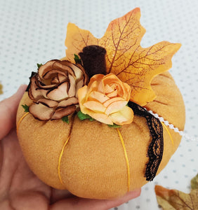 Fabric and Floral Pumpkin Decoration - Orange Faux Suede
