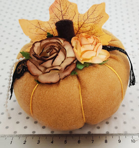 Fabric and Floral Pumpkin Decoration - Orange Faux Suede