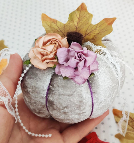 Fabric Pumpkin - Silver Velour with Flowers