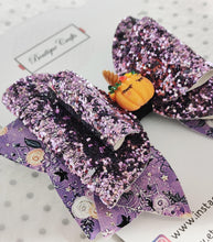 Load image into Gallery viewer, Halloween Girls Stacked Hair Bow Clip - Pumpkin Purple Glitter - BoutiqueCrafts
