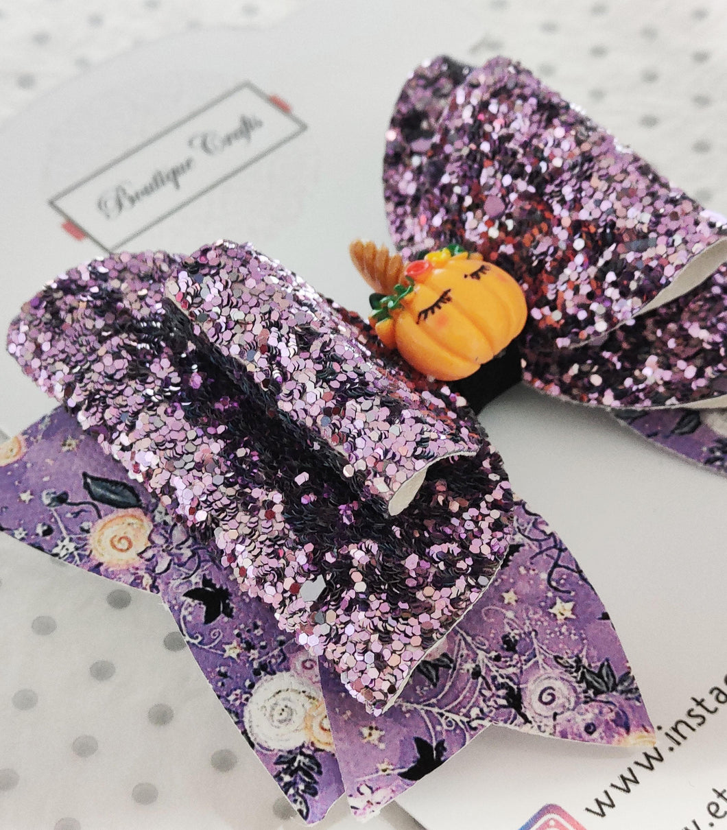 Halloween Girls Stacked Hair Bow Clip - Pumpkin Purple Glitter - BoutiqueCrafts