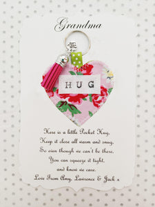 Handmade Pocket Hug heart fabric keyring with tassel - Pink Rose Print - bag charm - keychain - missing you gift - stay safe gift - BoutiqueCrafts