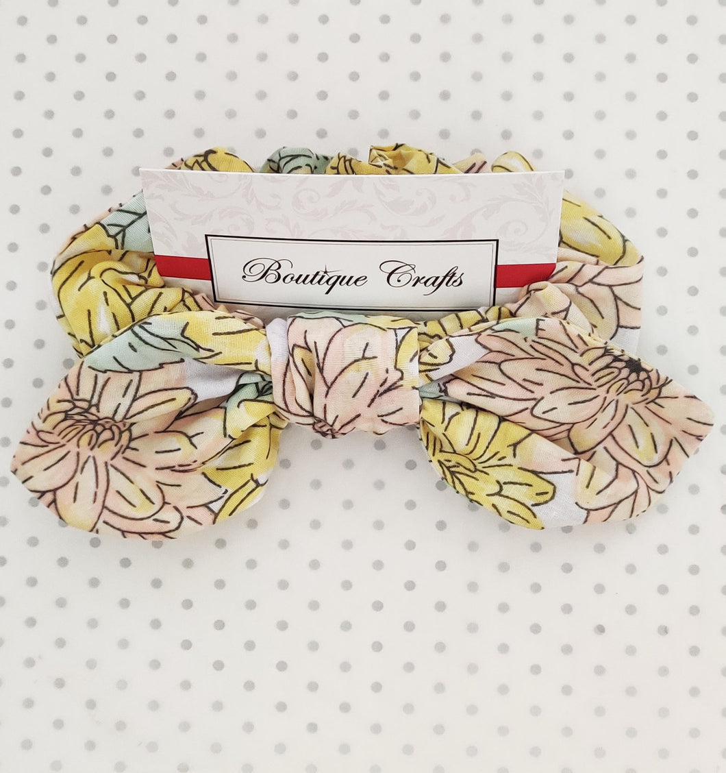 Hair Bow Scrunchie with small bow tails - Yellow Dahlia Floral