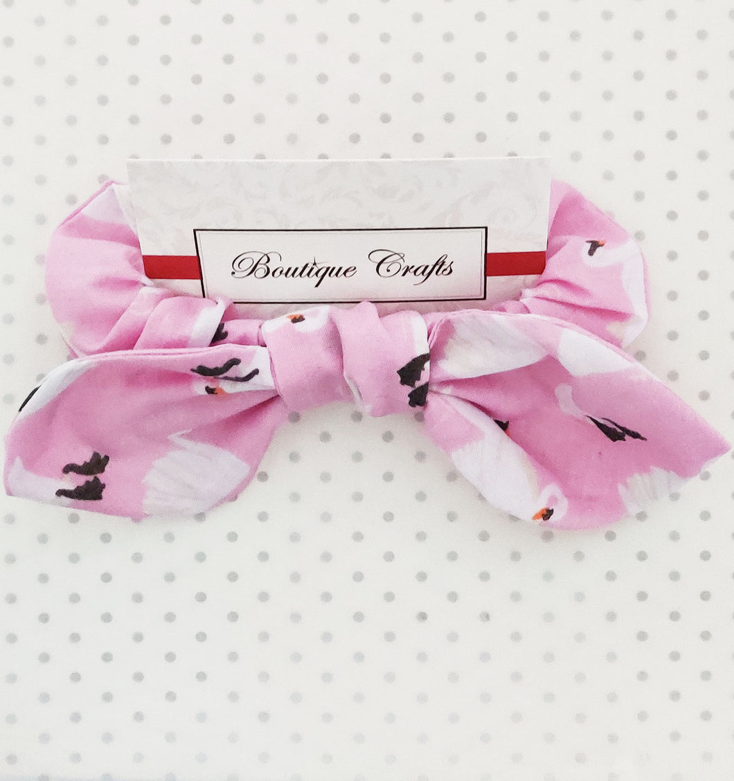 Hair Bow Scrunchie with small bow tails - Pink Swans