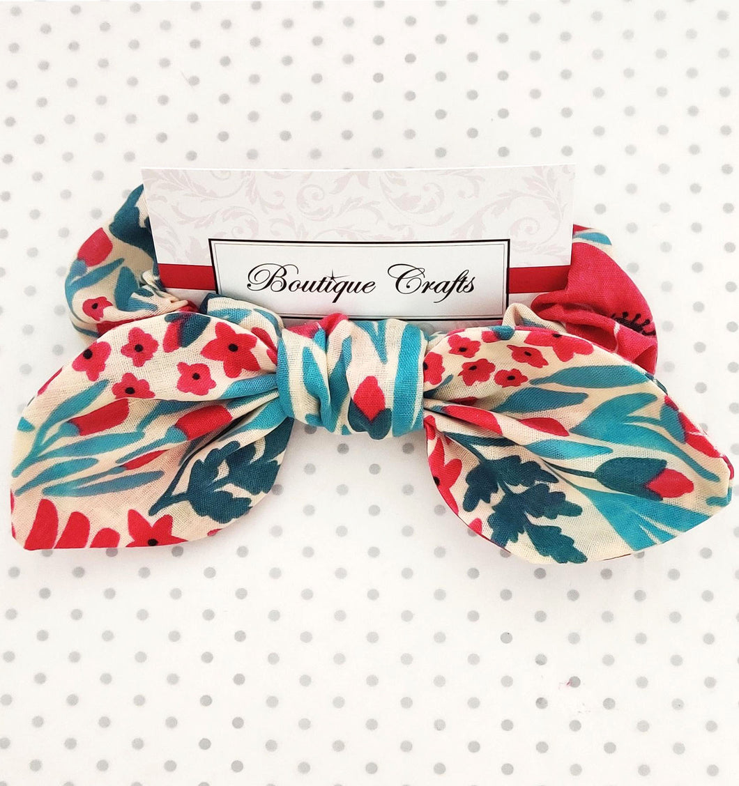 Hair Bow Scrunchie with small bow tails - Red and Teal Poppies