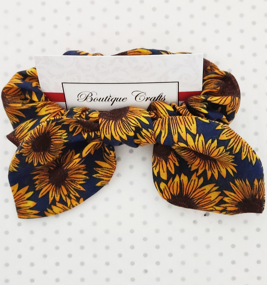Hair Bow Scrunchie with small bow tails - Navy Sunflowers