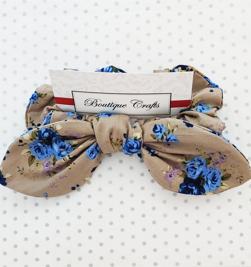 Cotton Hair Bow Scrunchie with small bow tails - Taupe and Blue Floral