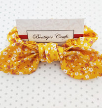 Load image into Gallery viewer, Cotton Hair Bow Scrunchie with small bow tails - Yellow Floral
