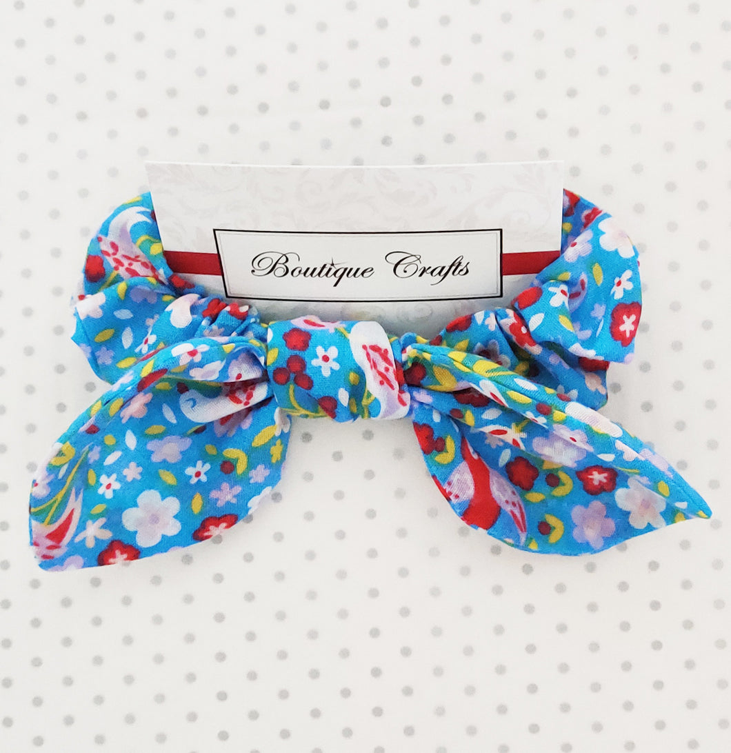 Hair Bow Scrunchie with small bow tails - Blue Flowers and Birds