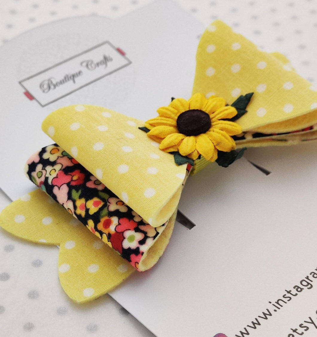 Girls Stacked Hair Bow Clips - Yellow Sunflowers - BoutiqueCrafts