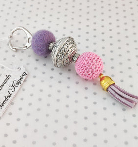 Tassel and Felt Ball Beaded Keyring Charm -  Pink and Lilac - BoutiqueCrafts