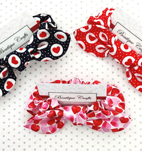 Valentines Cotton Hair Bow Scrunchie - Pink and Red Heart Print - BoutiqueCrafts