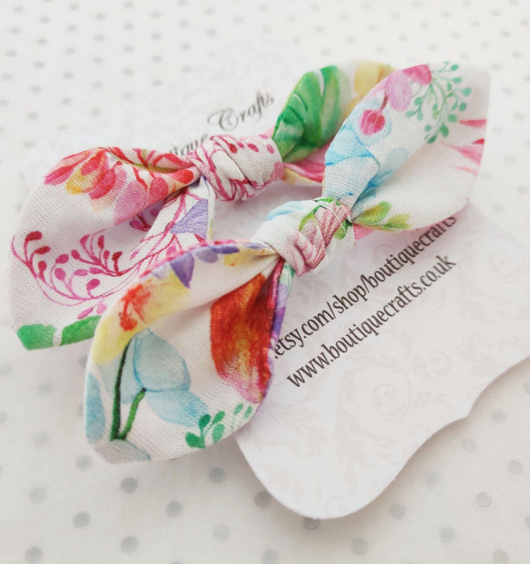 Girls Hair Bow Bobble Ties - Watercolour Floral Print - BoutiqueCrafts