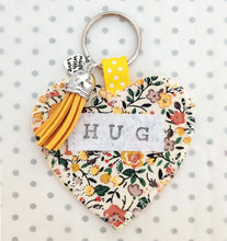 Load image into Gallery viewer, Handmade Pocket Hug heart fabric keyring with tassel - Yellow Ditsy Print - bag charm - keychain - missing you gift - stay safe gift
