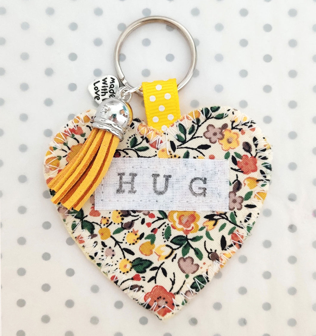 Handmade Pocket Hug heart fabric keyring with tassel - Yellow Ditsy Print - bag charm - keychain - missing you gift - stay safe gift