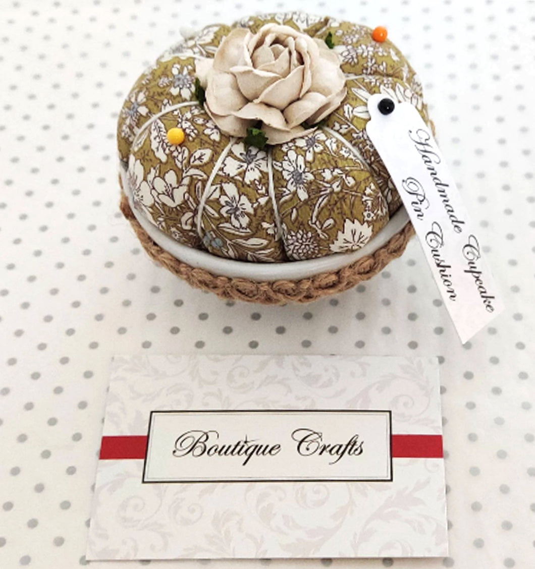 Cupcake Pin Cushion - Sage Floral - needle holder - notions - pin holder - sewers gift - quilters gift - crafter's gift - birthday present